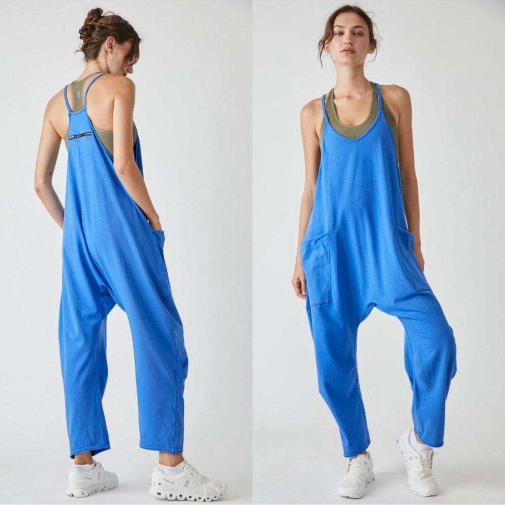 New Free People FP Movement Hot Shot Onesie Electric Cobalt S Jumpsuit Tan Blue